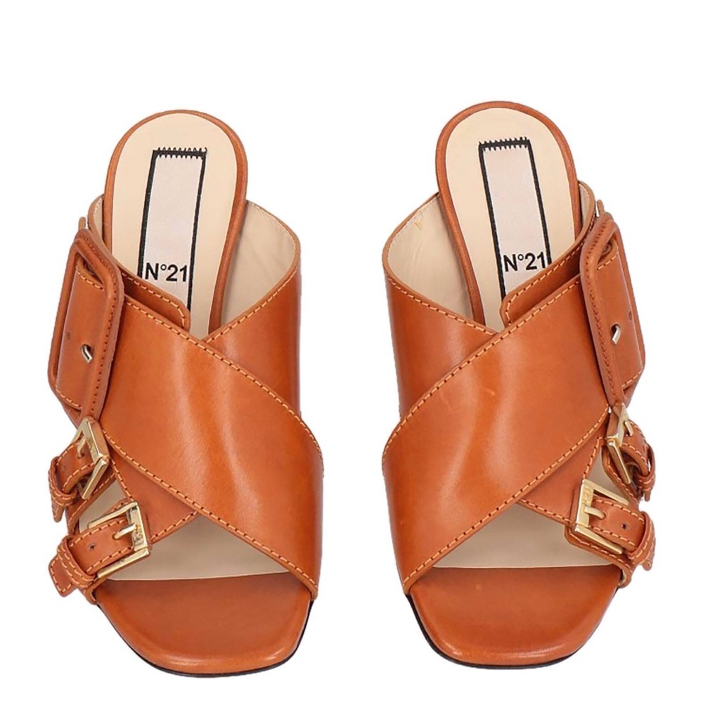 No. 21 Tan and Gold Mules with Crisscross Straps